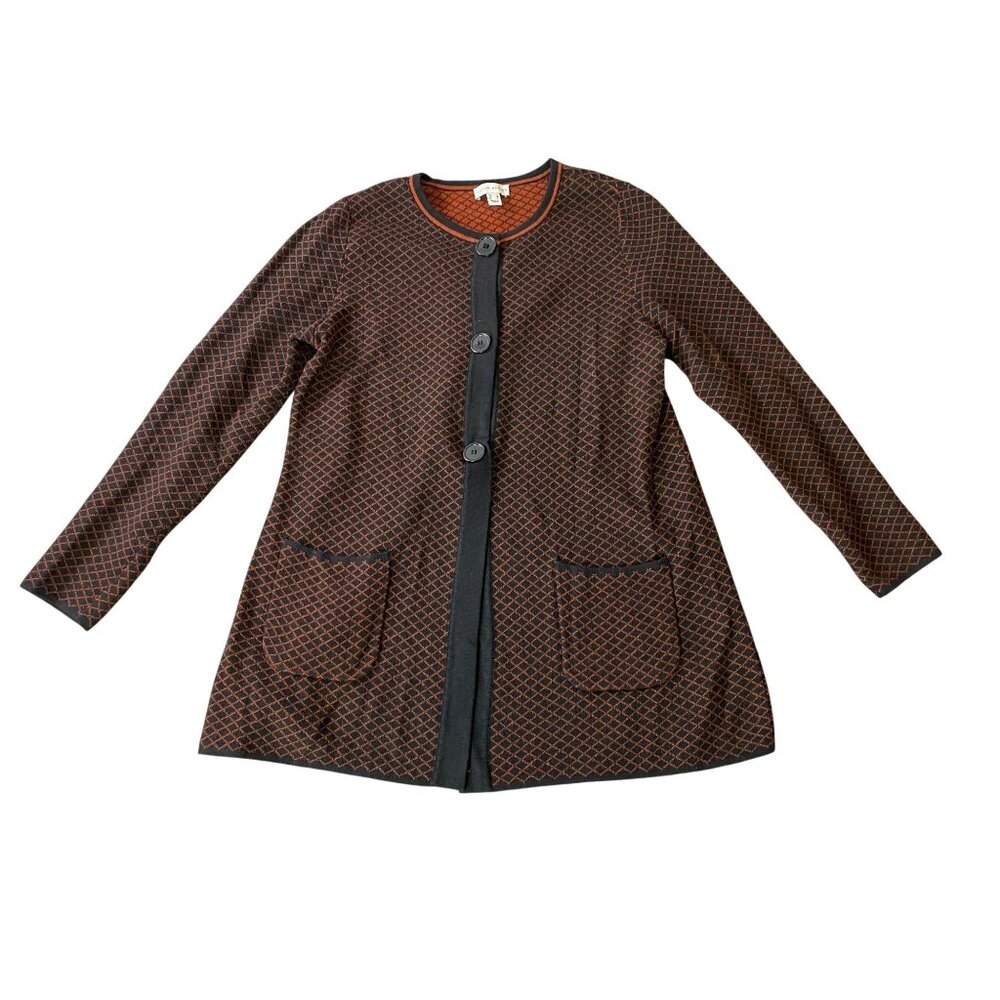 Susan Graver Button-Front Cardigan Jacket Sweater Black Orange Diamond Medium